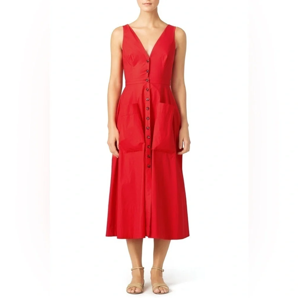 Saloni Red Zoey midi Dress button up back cut our v neck sleeveless SZ 0 cotton